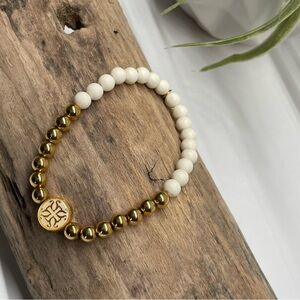 Rustic Cuff Elastic Beaded Bracelet ft. Gold and Cream Silicon Beads with Charm